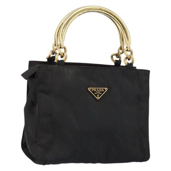 PRADA Hand Bag Nylon Black Gold